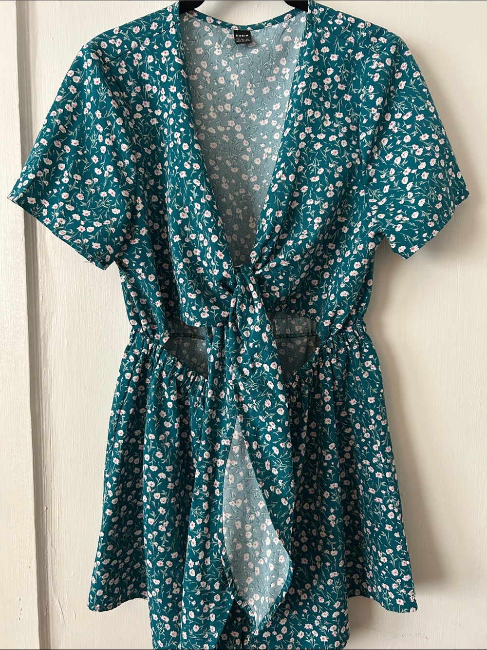 Teal Floral Tie-Front Cut-Out Romper